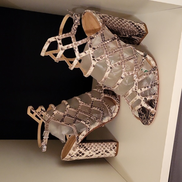 SCHUTZ Shoes - Schutz Juliana Caged Snake-embossed Python Leather Block Heels Sandals / Sz 8.5